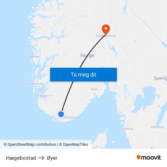 Hægebostad to Øyer map