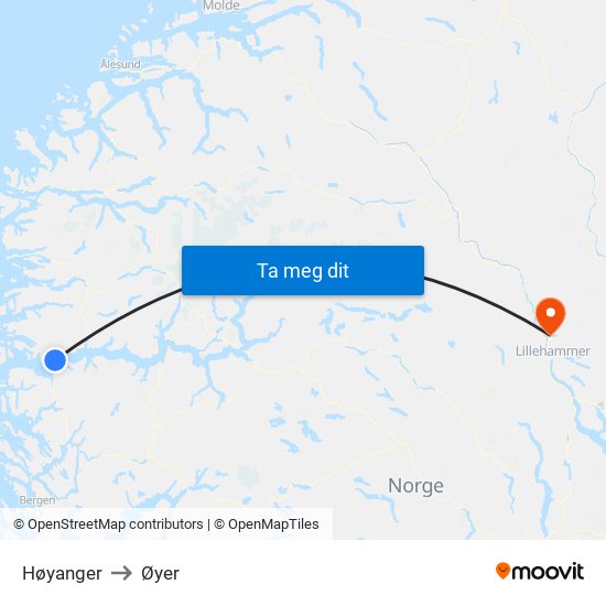 Høyanger to Øyer map