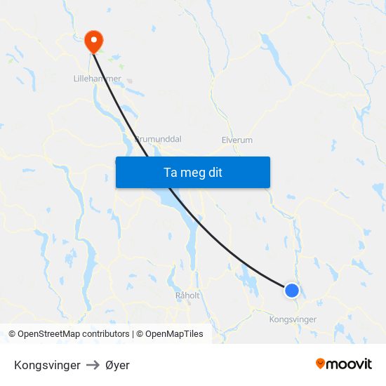 Kongsvinger to Øyer map