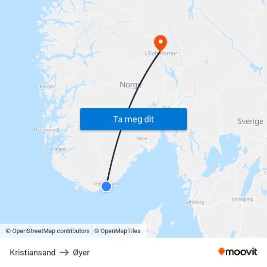 Kristiansand to Øyer map