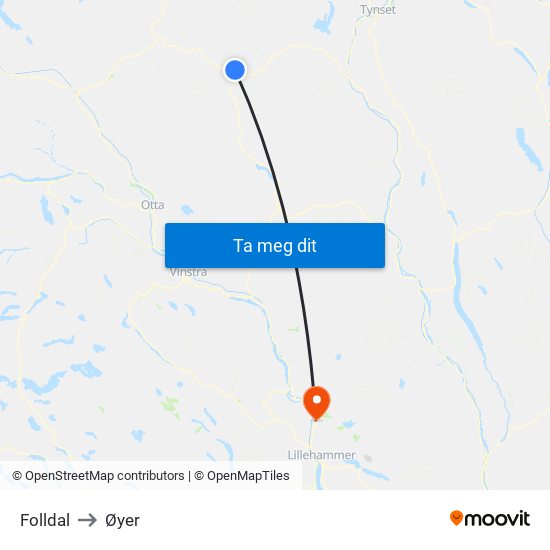 Folldal to Øyer map