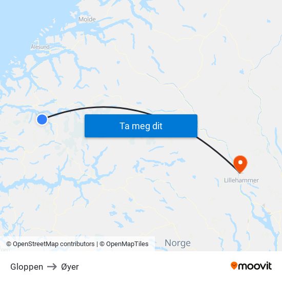 Gloppen to Øyer map