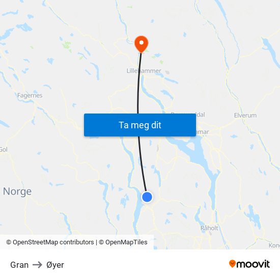 Gran to Øyer map