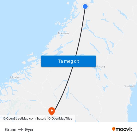 Grane to Øyer map