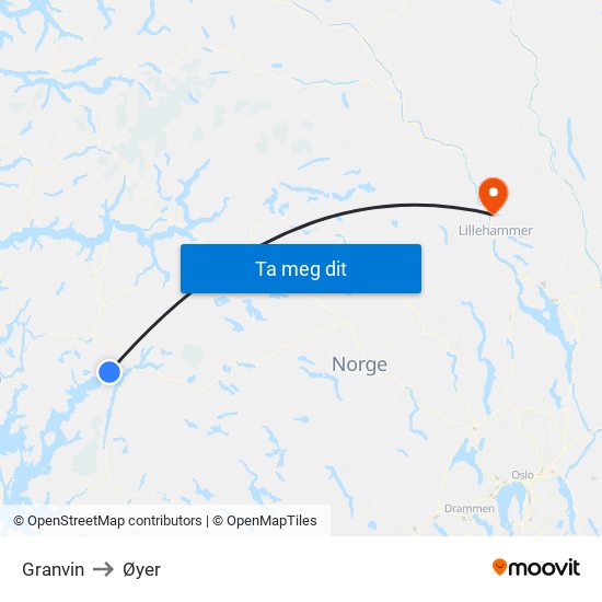Granvin to Øyer map