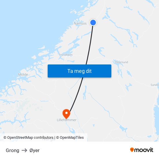 Grong to Øyer map