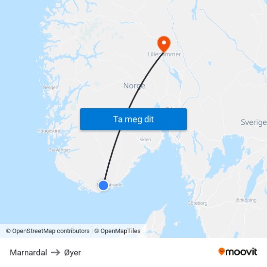 Marnardal to Øyer map