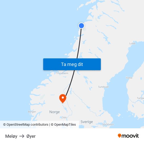 Meløy to Øyer map