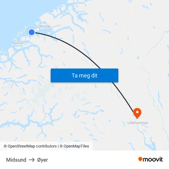 Midsund to Øyer map