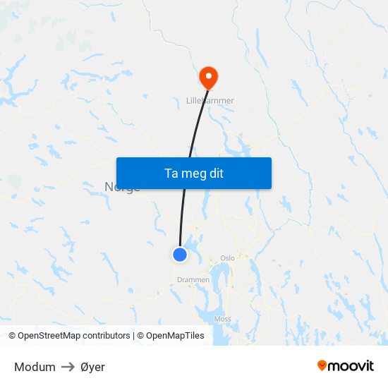 Modum to Øyer map