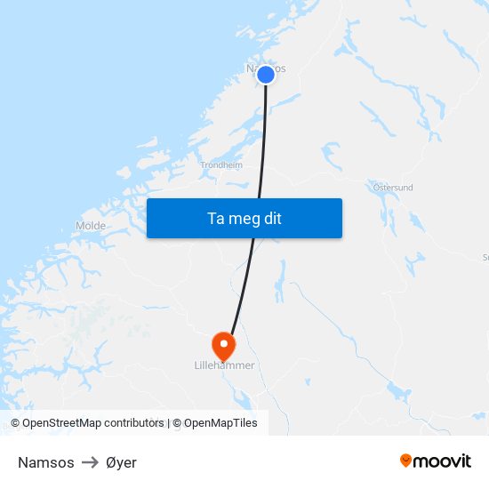 Namsos to Øyer map