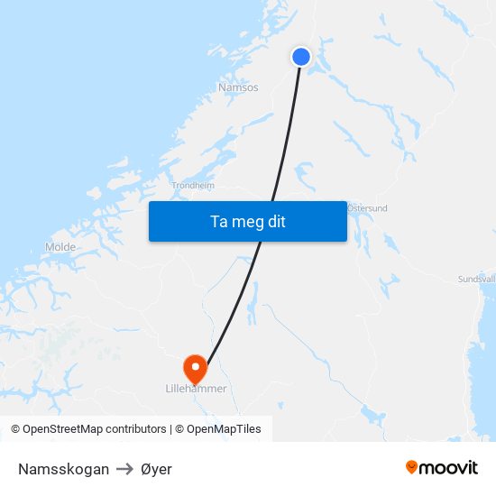 Namsskogan to Øyer map