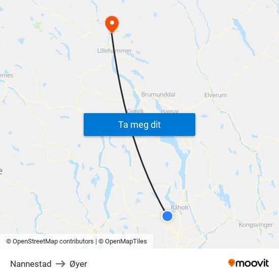 Nannestad to Øyer map