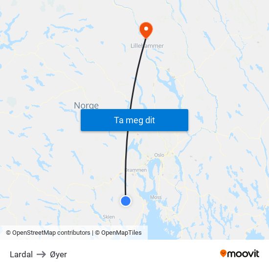 Lardal to Øyer map