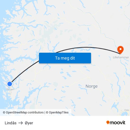 Lindås to Øyer map
