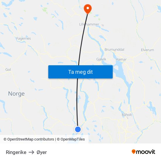 Ringerike to Øyer map