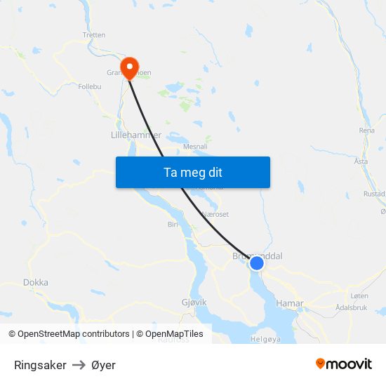 Ringsaker to Øyer map