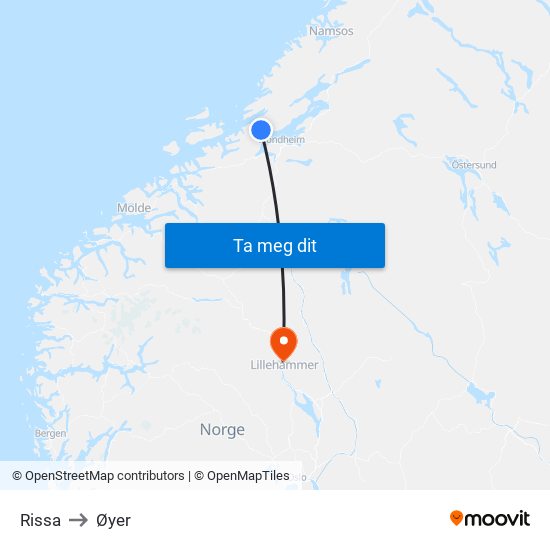 Rissa to Øyer map
