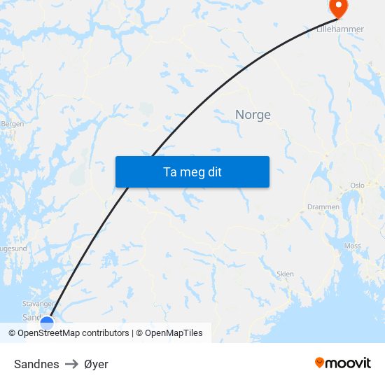 Sandnes to Øyer map