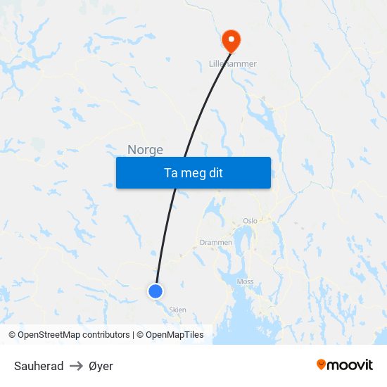 Sauherad to Øyer map