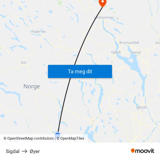 Sigdal to Øyer map