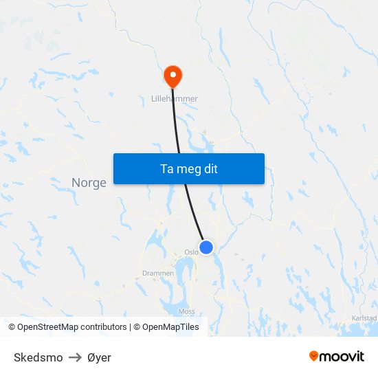 Skedsmo to Øyer map
