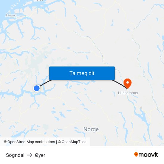 Sogndal to Øyer map