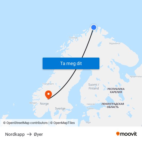 Nordkapp to Øyer map