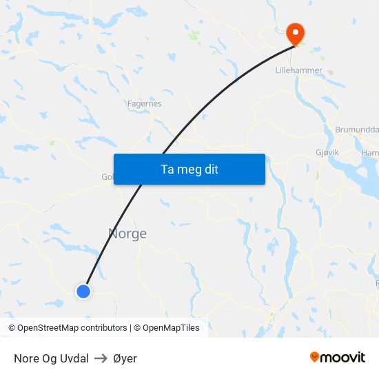 Nore Og Uvdal to Øyer map