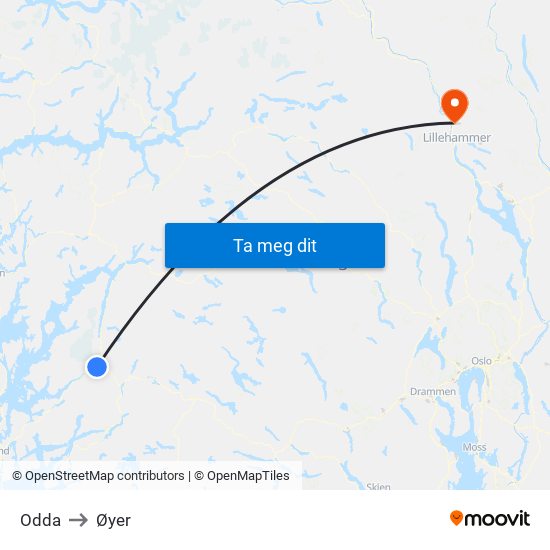 Odda to Øyer map