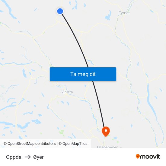 Oppdal to Øyer map