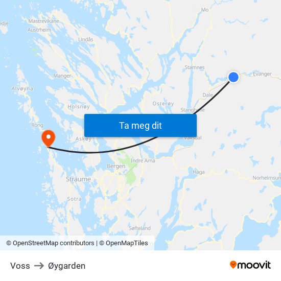 Voss to Øygarden map