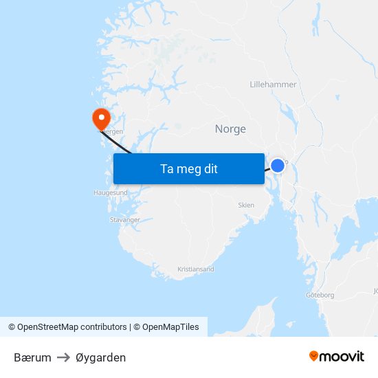 Bærum to Øygarden map