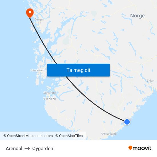 Arendal to Øygarden map