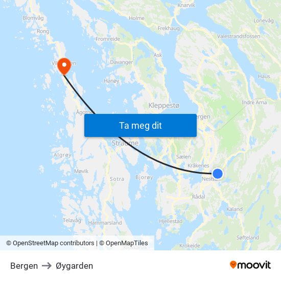 Bergen to Øygarden map