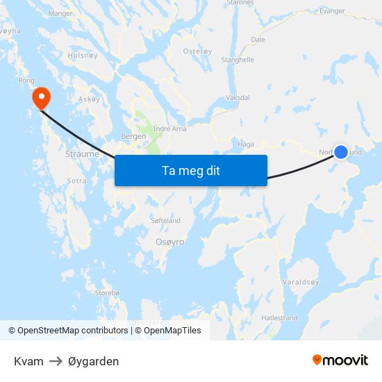 Kvam to Øygarden map