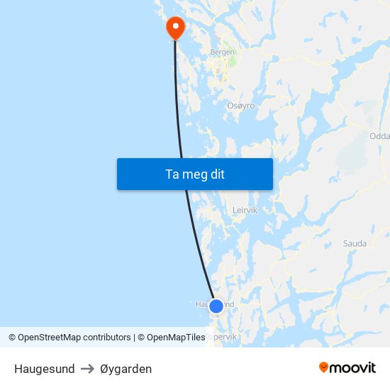 Haugesund to Øygarden map