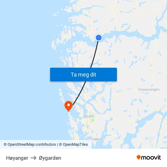 Høyanger to Øygarden map