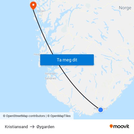 Kristiansand to Øygarden map