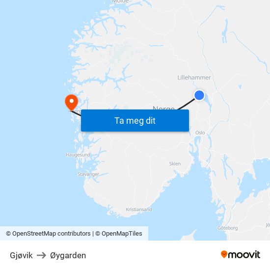 Gjøvik to Øygarden map