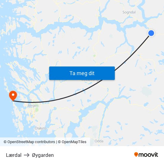 Lærdal to Øygarden map