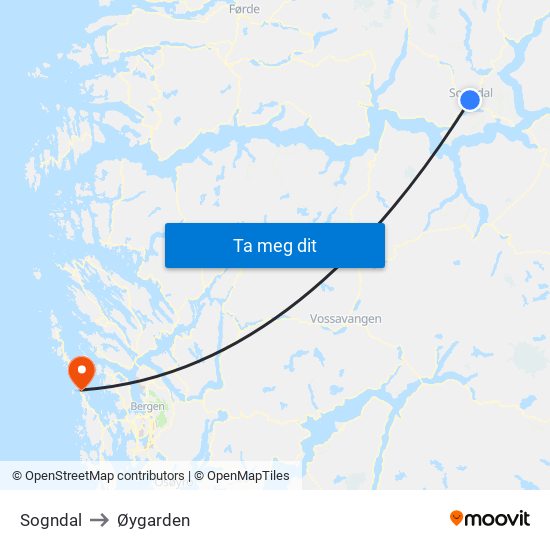 Sogndal to Øygarden map