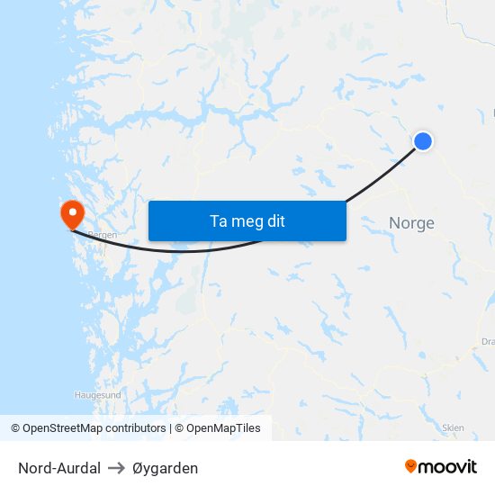 Nord-Aurdal to Øygarden map