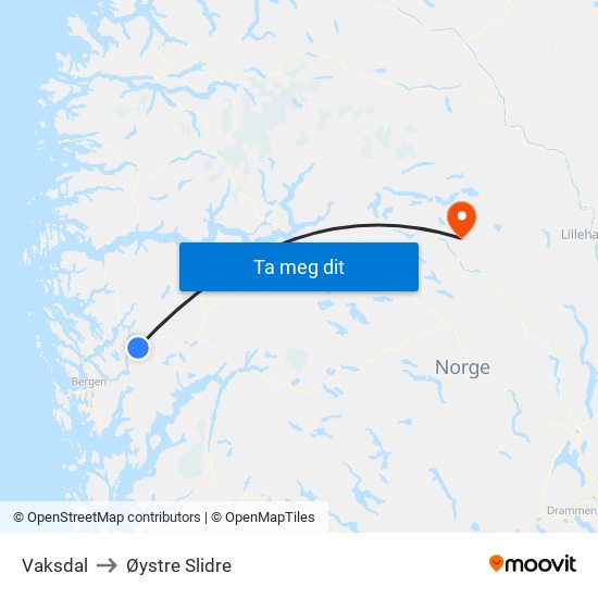 Vaksdal to Øystre Slidre map