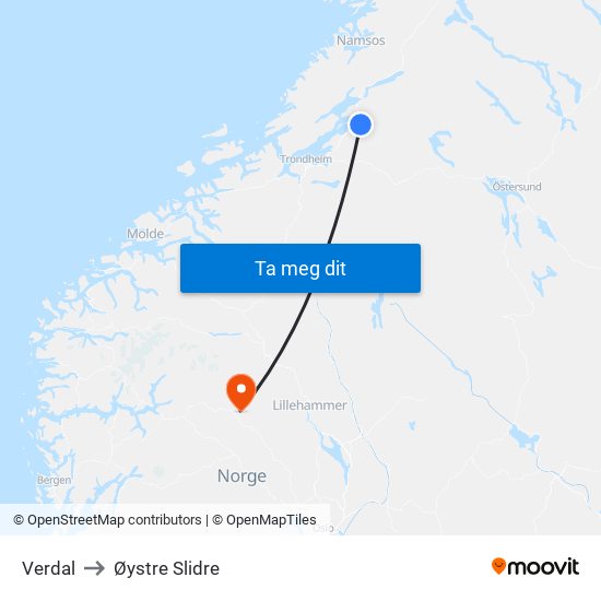 Verdal to Øystre Slidre map