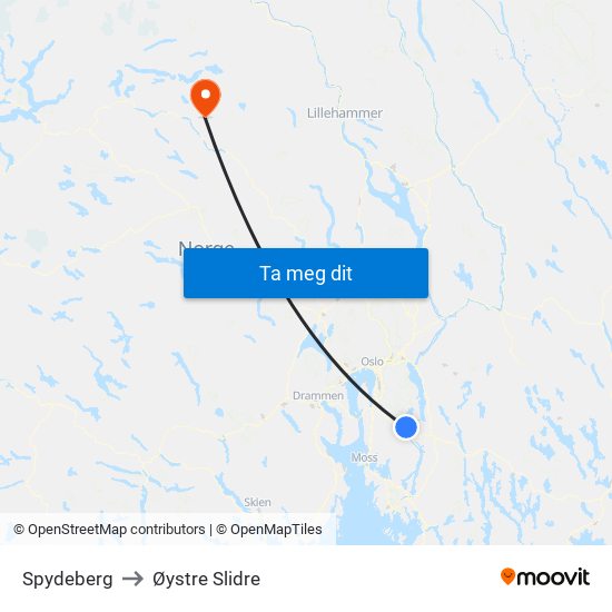 Spydeberg to Øystre Slidre map