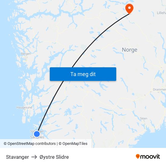 Stavanger to Øystre Slidre map