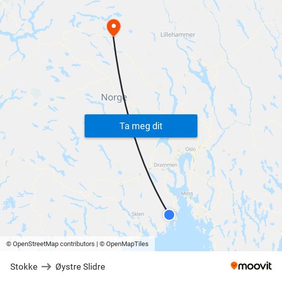 Stokke to Øystre Slidre map