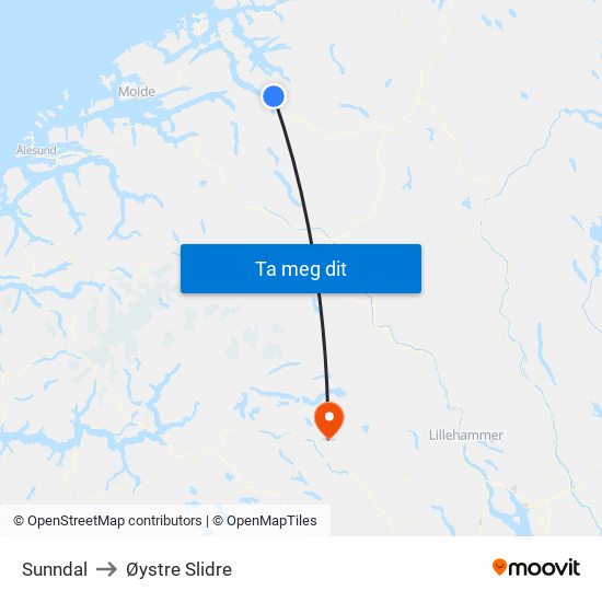 Sunndal to Øystre Slidre map