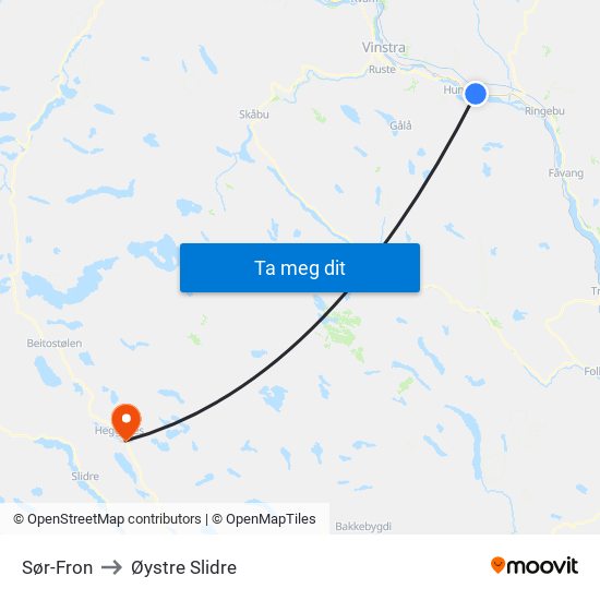 Sør-Fron to Øystre Slidre map